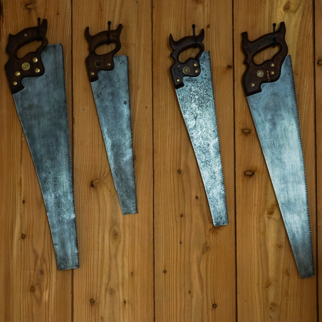 Vintage hand saws on the cabin wall